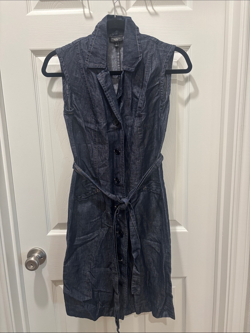 Talbots Dark Blue Sleeveless Button-Front Midi Dress with Tie Waist